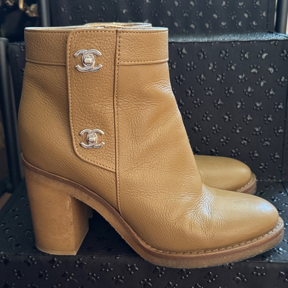 CHANEL Camel Leather Ankle Booties

Size 40: This style runs a full size small.